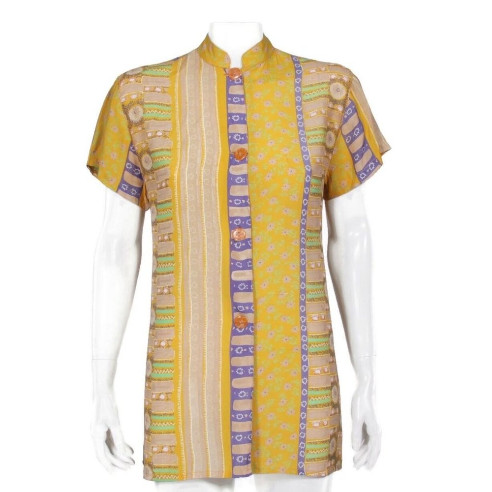 MAGIC Ethnic Yellow Purple Beige Short Sleeve Tie Back Rayon Tunic Top sz M /371